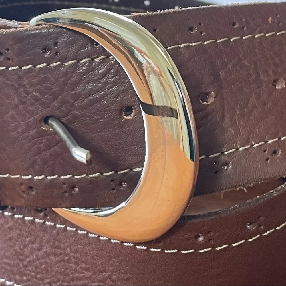 Vintage Garuglieri Wide Leather Belt Made In Italy Brown W/ Gold Tone Buckle XL